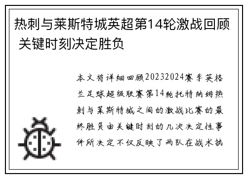 热刺与莱斯特城英超第14轮激战回顾 关键时刻决定胜负