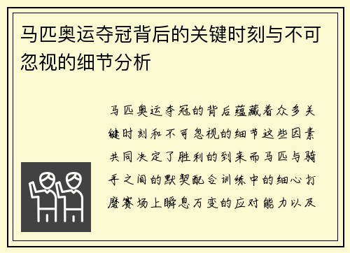 马匹奥运夺冠背后的关键时刻与不可忽视的细节分析