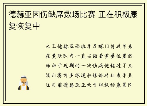 德赫亚因伤缺席数场比赛 正在积极康复恢复中