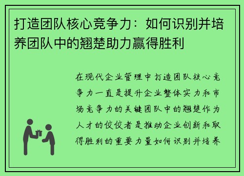 打造团队核心竞争力：如何识别并培养团队中的翘楚助力赢得胜利