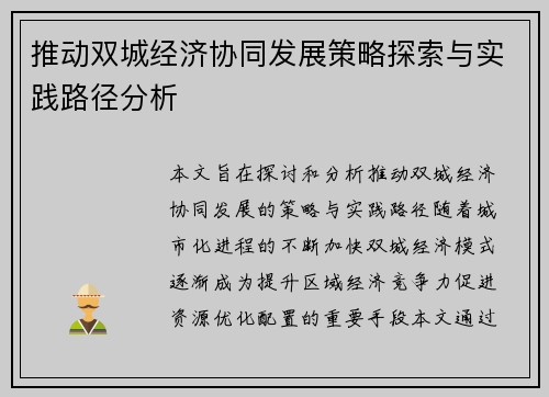 推动双城经济协同发展策略探索与实践路径分析 推动双城经济协同发展策略探索与实践路径分析